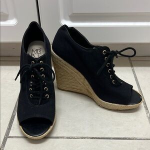 Canvas and Tweed Lace Up Open Toe Wedges | Size 7 Black